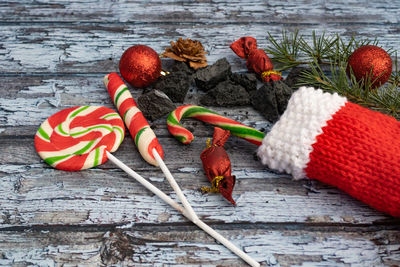 High angle view of christmas decorations on table