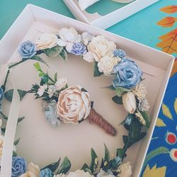 High angle view of roses on table