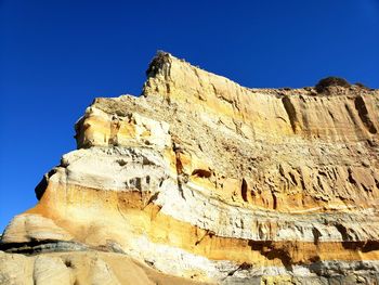 Low angle view of rock formation against clear blue sky