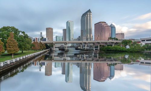 Reflection of buildings in river against sky