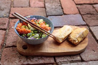 High angle view of food on cutting board