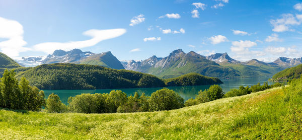 Scenic view of landscape and mountains against sky