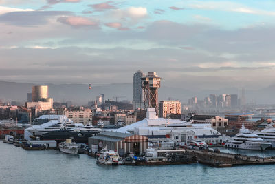 High angle view of city at sunset