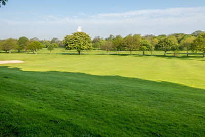 Scenic view of golf course against sky