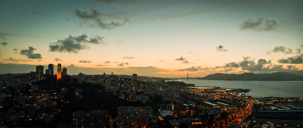 High angle view of illuminated cityscape against sky during sunset,the city of san francisco.  