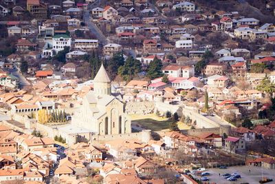 High angle shot of townscape against sky