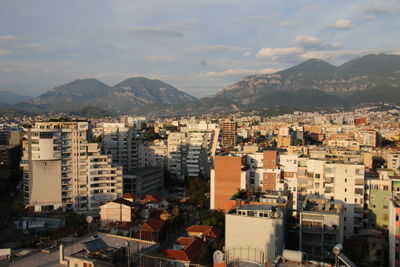High angle view of townscape against sky during sunset in albania