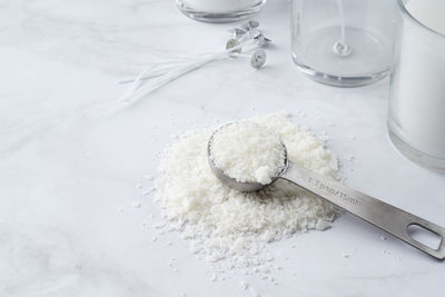 Close-up of soy wax on table