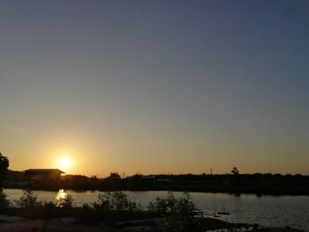 Scenic view of lake against clear sky during sunset