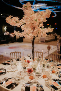 Place setting on table in restaurant