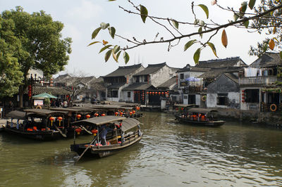 Boats moored on river by trees against sky