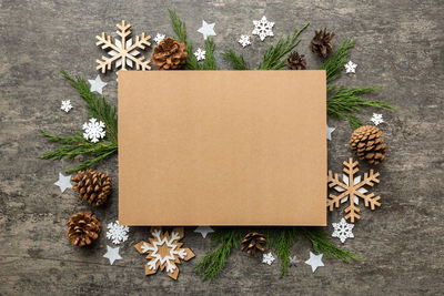 High angle view of christmas decoration on table