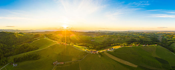 Gorgeous sunset over beautiful green vineyards. aerial panorama sunset over austrian grape hills