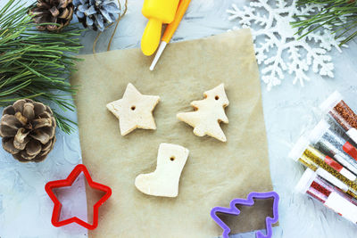 High angle view of cookies on table