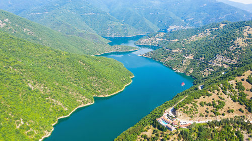 Aerial view on green hills around vacha dam.