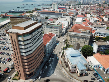 High angle view of street amidst buildings in city