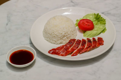High angle view of breakfast served in plate
