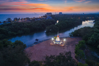 High angle view of illuminated boats in sea