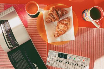 High angle view of breakfast on table