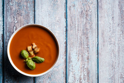 High angle view of soup in bowl on table