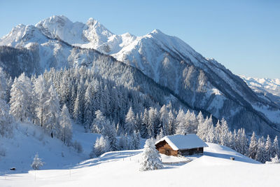 Picturesque winter scene with traditional alpine chalet. snowy wintertime landscape 