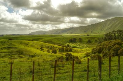 Scenic view of field against cloudy sky