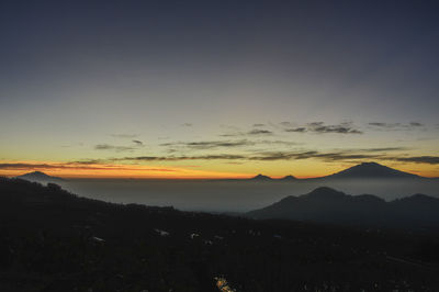 Scenic view of silhouette mountains against sky during sunset