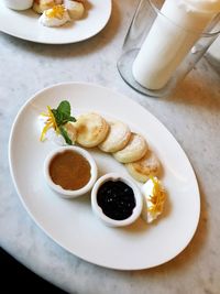 High angle view of breakfast served on table