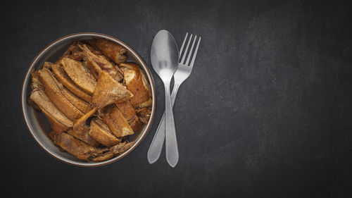 High angle view of bread in bowl on table