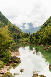 Scenic view of lake and mountains against sky