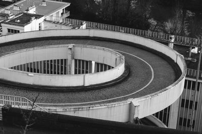 High angle view of staircase amidst buildings in city