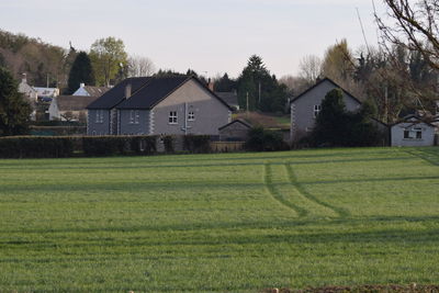 Houses on field against sky