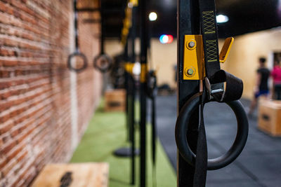 Close-up of gymnastic rings at health club