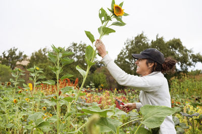 Happy woman cutting flowers in garden against clear sky