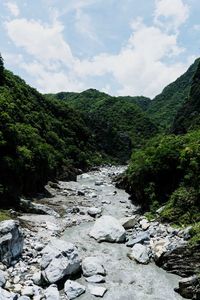 Stream flowing through rocks in forest against sky