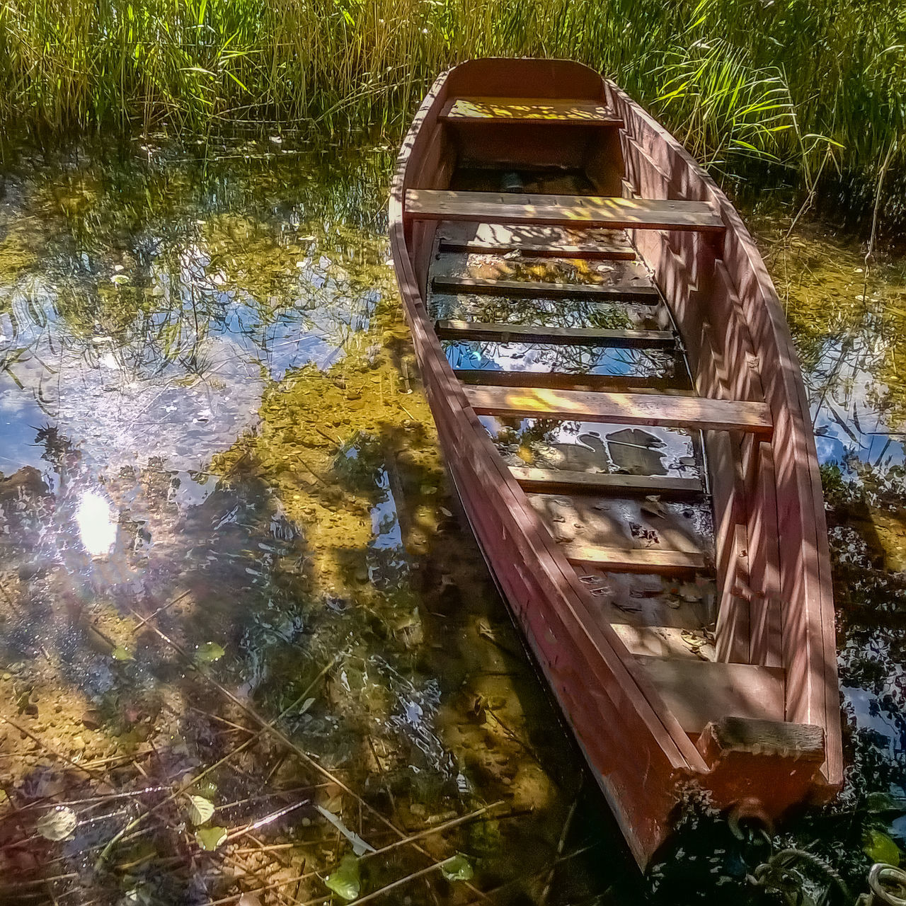 water, nature, plant, day, boat, no people, river, vehicle, waterway, nautical vessel, grass, reflection, abandoned, high angle view, outdoors, transportation, mode of transportation, land, watercraft, wood, moored, growth, tranquility, wetland, damaged, sunlight, pond