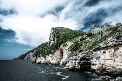 Scenic view of sea and mountains against sky