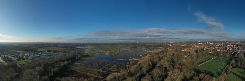 High angle view of land against sky