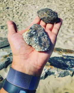 Cropped hand holding stones at beach