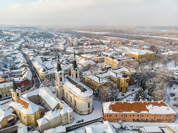 High angle view of townscape against sky during winter