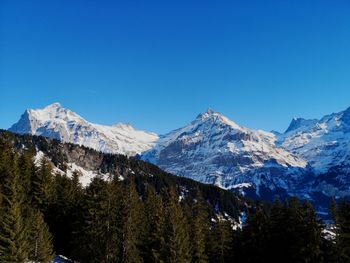 Scenic view of snowcapped mountains against clear blue sky