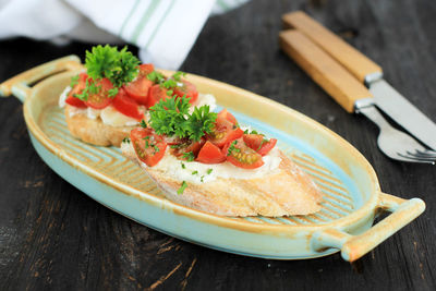 High angle view of food in plate on table