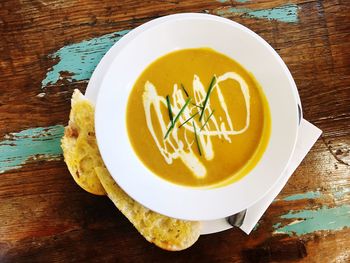 High angle view of soup in bowl on table