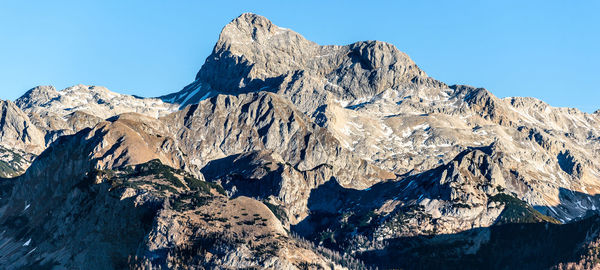 Panoramic view of mountains against clear blue sky