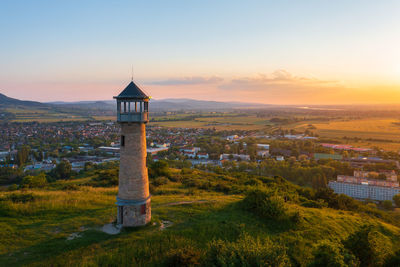 Beautiful aerial landscape about strazsa hill with lookout tower which is located near esztergom.