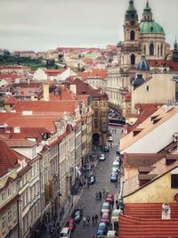 High angle view of street and buildings in city