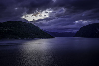 Scenic view of sea and mountains against sky