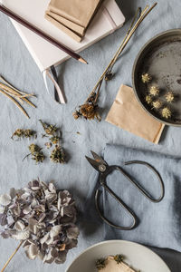 Studio shot of note pad, pencil, scissors and some dried seeds and flowers