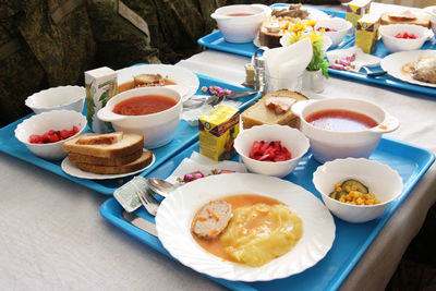 High angle view of breakfast served on table