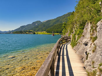 Scenic view of sea against clear blue sky